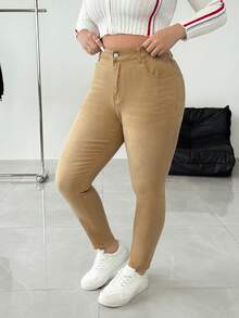 SHEIN ICON Quần jean nữ dáng ôm, túi cài nút, mặc hàng ngày, size lớn - Màu Khaki - Xem 5
