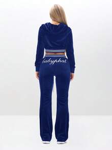 BABYPHAT 女士丝绒运动裤，侧边滚边设计，修身休闲裤，舒适日常穿着 - 藏蓝色 - 查看 6