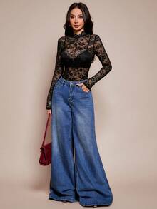 SHEIN PETITE Women's Floral Lace Stand Collar Long Sleeve Sexy Sheer Bodysuit Going Out Sexy Bodysuit,Spring Outfit Women