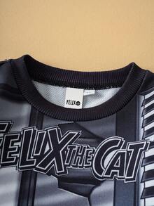 SHEIN Felix The Cat بلوزة بياقة طاقم مطبوع عليها رسوم كرتونية وحروف، كم طويل للأولاد - الأسود - مشاهدة 3