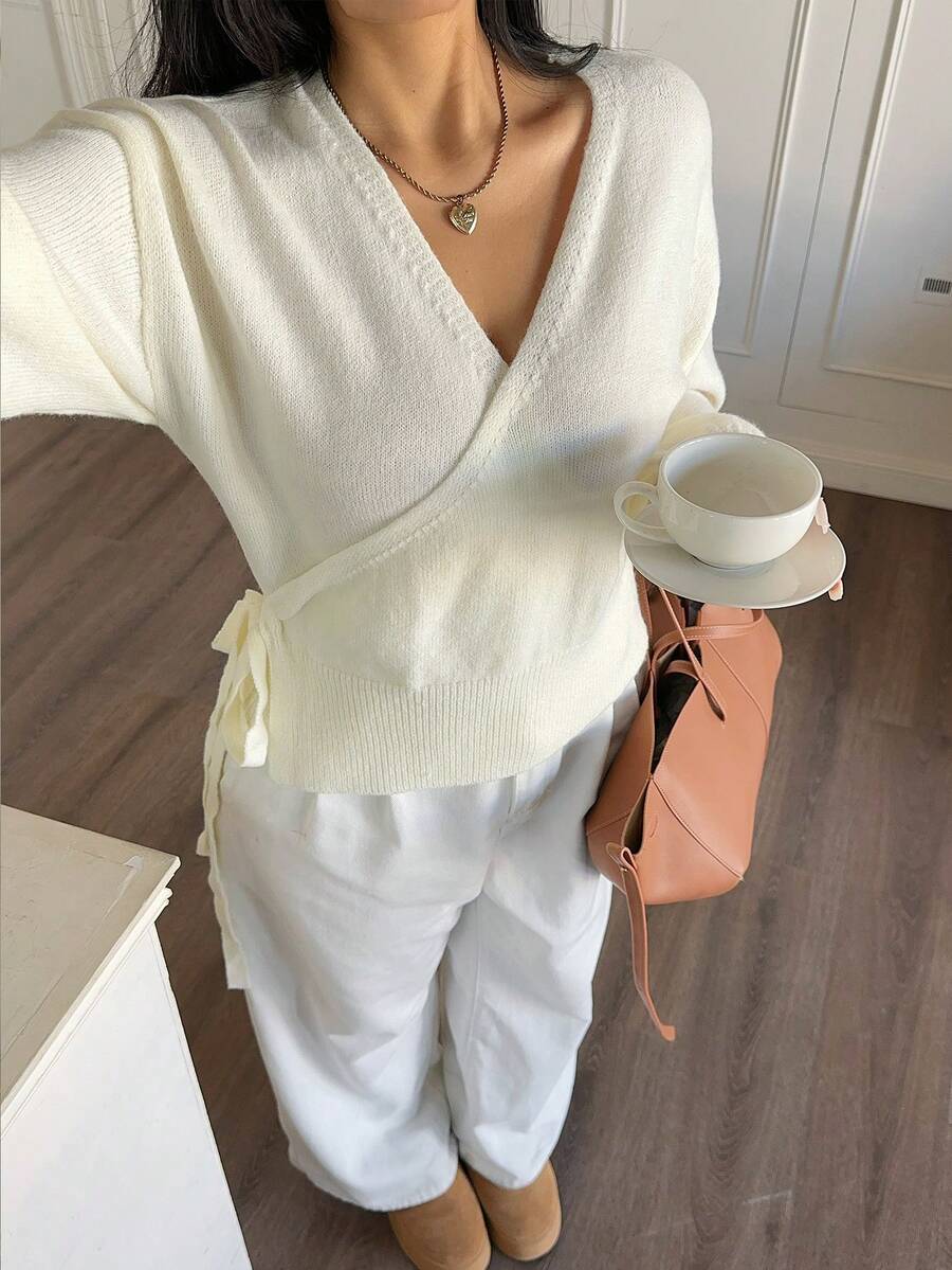 Sunnyshic Plus Size Women Elastic Fitted Tie Bow Knit Cardigan, Suitable For Daily Commute, Indoor And Outdoor Wear, Best Christmas Gift, Spring, Summer, Fall, Winter, Spring/Fall, Fall/Winter,Plus Size Beige Knitwear Cardigan V Neck Wrap Design Long Drop Shoulder Sleeves Short Length Casual Style,Chic Plus Size Beige V Neck Wrap Cardigan Short Knitwear With Drop Shoulder Long Sleeves - Beige - View 1