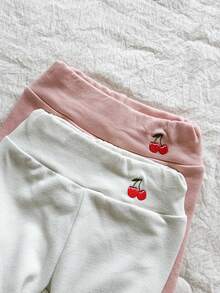 SHEIN Vintaside Kids 两件装女童打底裤，绣花蝴蝶结图案，天鹅绒内衬，适合日常休闲穿着，秋冬季节。 - 白色 - 查看 4
