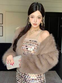 DAZY 女士时尚复古风纯色毛绒短外套，秋冬女式外套 - 灰色 - 查看 4