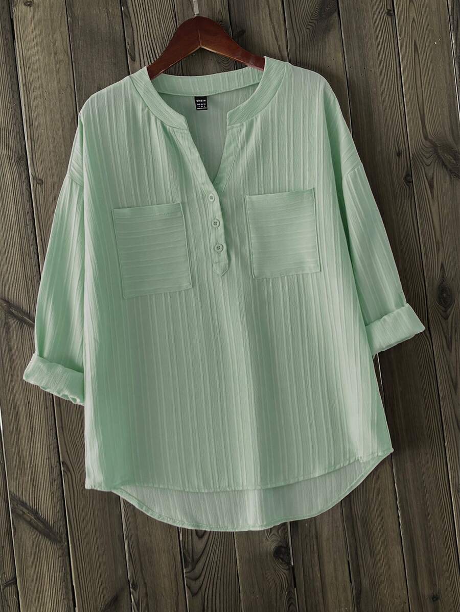 SHEIN LUNE 女士纯色V领落肩口袋设计休闲衬衫 - 綠色 - 查看 1