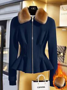 GlowEve Women's Fur Collar Zip-Up Waist Drawstring Casual Sweatshirt - Blue - View 1
