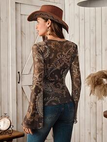 Wildy Women's Casual Country Paisley Retro Pattern Basic Long Sleeve Blouse With Bell Sleeves - Multicolor - View 2