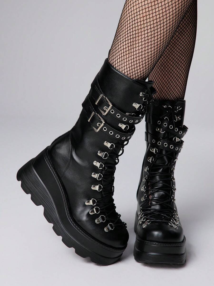 ROMWE Giày bốt đế dày buộc dây phong cách Punk Goth thời trang bằng kim loại, cao đến bắp chân - màu đen - Xem 1