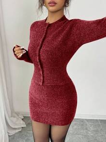 Selianne 2pcs Dark Grey Waist Cinching Bodycon Sweater Dress Set, Slimming For Women, Autumn/Winter - Red - View 5