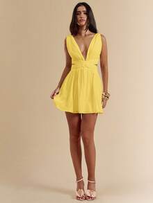 SHEIN BAE 白色雪纺V领露背系带迷你连衣裙，白色连衣裙，毕业礼服，度假连衣裙，春夏款 - 黃色 - 查看 5