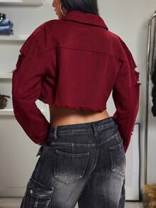 Jeanoix Women's Casual Distressed Washed Cropped Denim Jacket - Burgundy - View 2