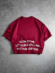 Manfinity Roghcode Men's Slogan Graphic Print Round Neck Short Sleeve T-Shirt Burgundy Dark Red Summer Streetwear City Break Oversized Drop Shoulder Relaxed Fit Tee - Burgundy - View 4