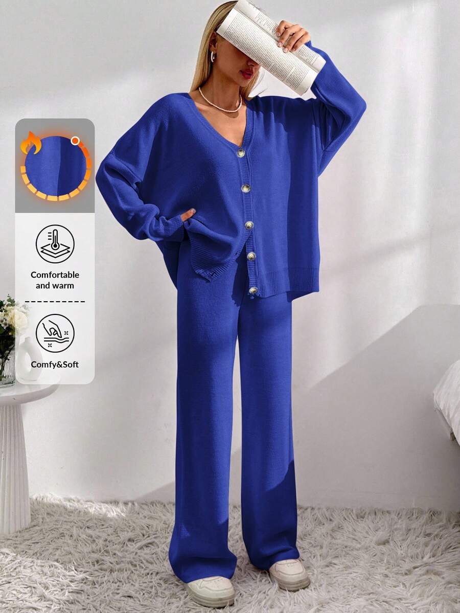 EURMUSE Drop Shoulder Cardigan & Tie Front Knit Pants - Royal Blue - View 1