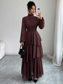 Elenzga Women's Solid Color Chiffon Lined High Collar Pleated Vintage Waist Adjustable A-Line Layered Romantic Ruffle Asymmetric Hem Lantern Sleeve Maxi Dress, Elegant French Retro Street Style, Simple Versatile, Suitable For Winter, Halloween, Christmas, Thanksgiving, Afternoon Tea, Party, Office, Family Gathering - Chocolate Brown - View 8