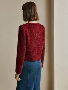 Arave Jaket Pesta Lengan Panjang Wanita Model Tweed dengan Detail Pita di Bahu dan Benang Emas Berkilau - Merah - View 8