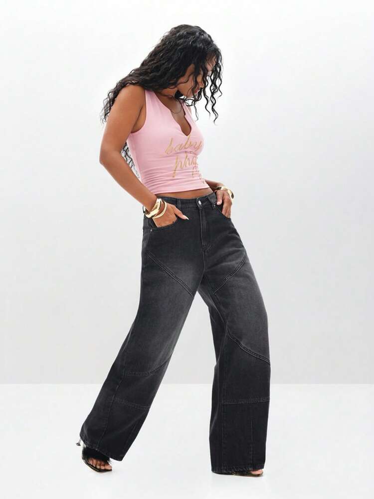 BABYPHAT Notch Neck Tank Top With Gold Text Print Sleeveless Fitted Summer Casual Blouse