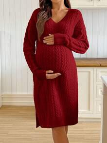 SHEIN Maternity Autumn/Winter V-Neck Long Sleeve Fitted Elegant Knit Dress - Red - View 4