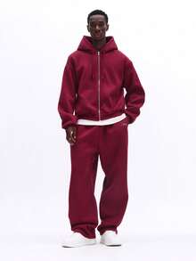 SUMWON Mens Zip Through Hoodie Co Ord Set With Matching Straight Fit Sweatpants Casual Winter Tracksuit - Burgundy - View 6