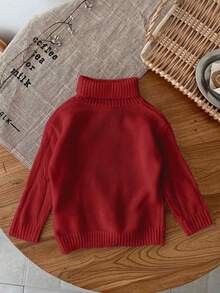 SHEIN LMoss Kids LMoss Cute And Versatile Milk White Simple High Neck Long Sleeve Sweater For Baby Girls, Autumn/Winter - Burgundy - View 2