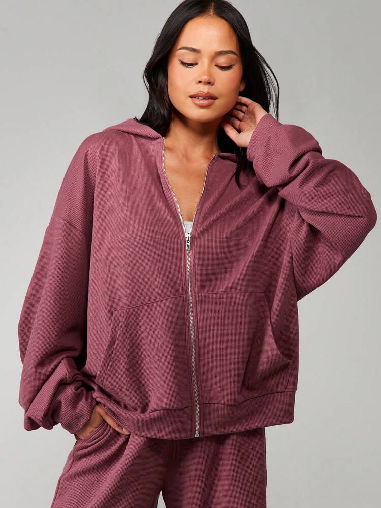 MISSGUIDED 버건디 와플 니트 풀 지퍼 후드티 긴팔 오버사이즈 캐주얼 가을 겨울 드로스트링 스웨트셔츠