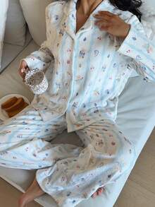 Aloruh 2pcs Thermal Lined Blue Striped Print Long Sleeve Shirt And Pants Casual Set, Suitable For Home Or Outdoor Wear, Autumn/Winter,Casual Sets For Women - Multicolor - View 3