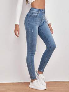 EMERY ROSE Jeans ajustados casuales y versátiles para mujer con bolsillos rasgados - Azul - Ver 4