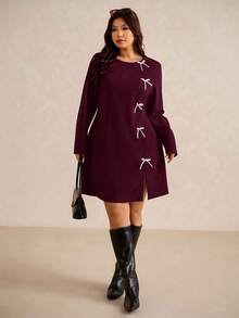 Elaquor Đầm ôm sát cơ thể tay dài thắt nơ thanh lịch cơ bản, kiểu dáng đô thị sang trọng cỡ lớn, cổ tròn, mùa thu - Màu Đỏ Sâu - Xem 1