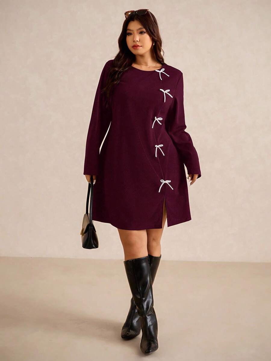 Elaquor Đầm ôm sát cơ thể tay dài thắt nơ thanh lịch cơ bản, kiểu dáng đô thị sang trọng cỡ lớn, cổ tròn, mùa thu - Màu Đỏ Sâu - Xem 1