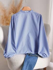 CosyJoli Plus Size Casual Plaid Floral Embroidered Shirt, Autumn/Spring Outfits For Women Blue Blouse For Women Lantern Sleeve Blouse - Blue - View 2