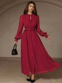 BELROSIE Wine Red Elegant Vintage Polka Dot Random Print Drawstring Waist Frill Trim Long Sleeve Dress - Multicolor - View 3
