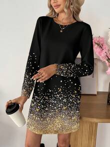 SHEIN LUNE Váy ngắn tay dài đính sequin lấp lánh đơn giản, giản dị dành cho nữ, thích hợp cho tiệc thu đông và năm mới - Nhiều màu - Xem 6