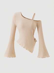 Sparklyn Girls' Apricot Ribbed Knit Asymmetric Hem Bell Sleeve Off Shoulder T-Shirt Set, Includes 1 T-Shirt And 1 Flared Pants, Comfortable And Versatile For Autumn - Apricot - View 3