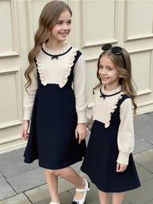女童荷叶边下摆圆领长袖A字型毛衣连衣裙，适合假日、度假和日常休闲穿着。 - 黑色 - 查看 9