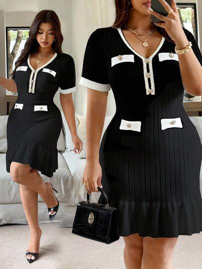 Vionelle Plus Size Women Vintage Knit Short Sleeve Metal Button Waist Ruffle Hem Bodycon Dress, Elegant, Fashionable, Versatile Curve Casual Dress Plus Size T Shirt Dress Plus Size Short Sleeve Dress Plus Size Casual Dress Plus Size Midi Dress Plus Size Dress Black Casual Dress Plus Size Matching Sets Two Piece Set Women Plus Size