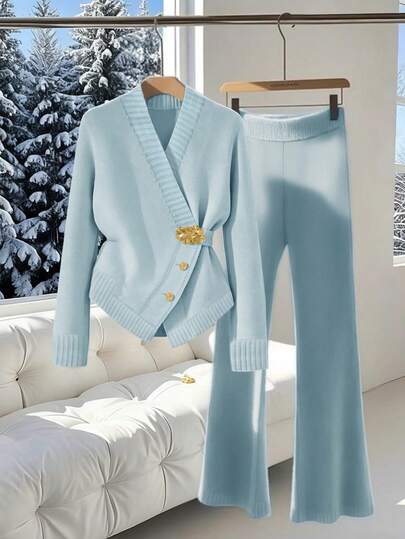 GlowEve Autumn/Winter New Blue Sweater Women, Asymmetrical Metal Button Cardigan, High Waist Slimming Casual Flared Pants, Simple Commuter 2 Pieces Knit Set