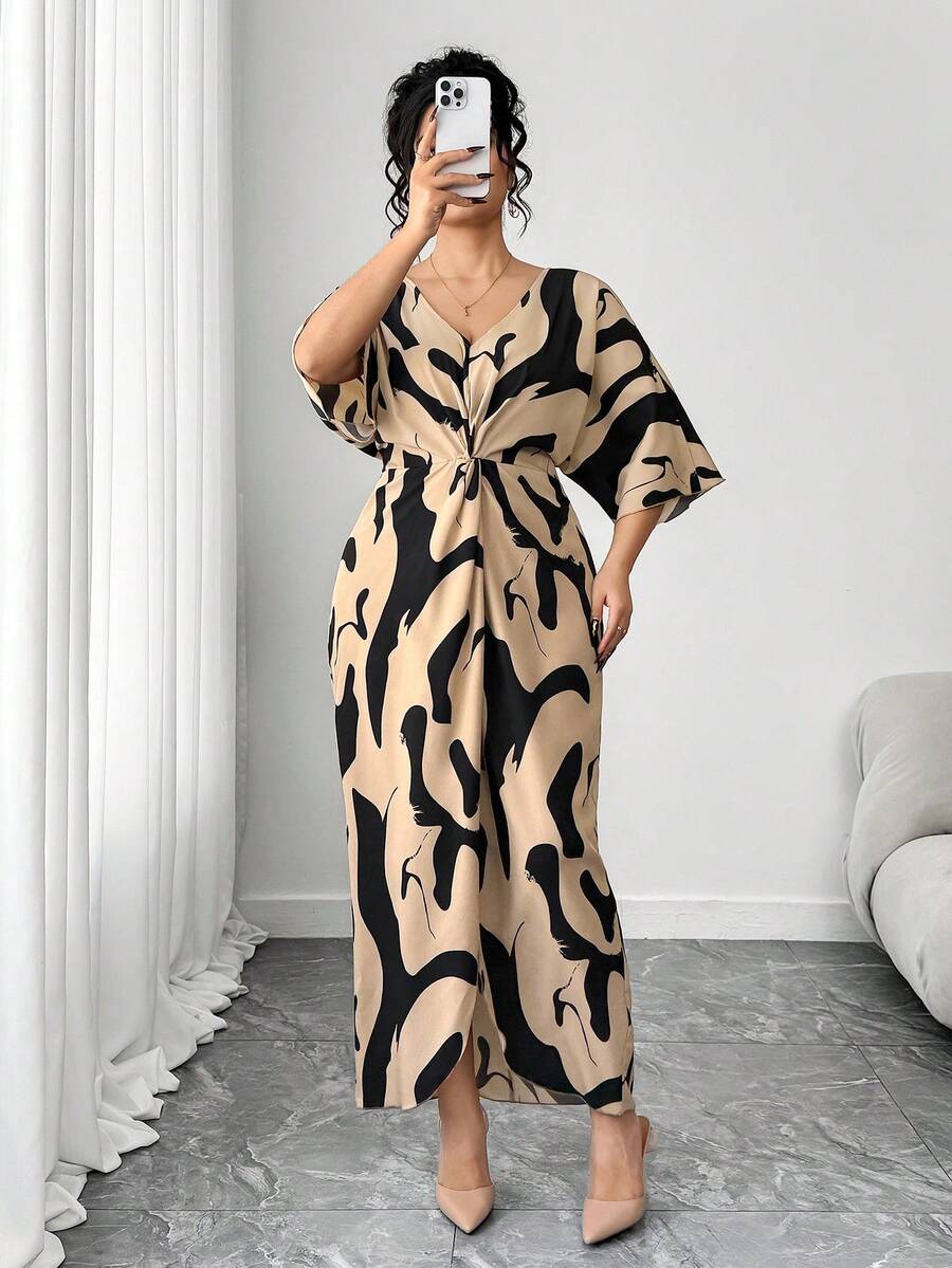 Elenzga Plus Size Women Allover Print V-Neck Batwing Sleeve Twist Waist Elegant Dress