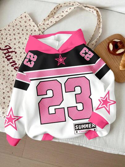 少女休闲宽松圆领长袖卫衣，适合秋冬季节穿着，经典数字23和五角星图案印花，图案T恤，X，女童服装，女童T恤，Y2K，返校季，Y2K服装，复古服装，街头服饰