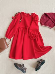 PrepCrw Rochie de fete tinere, stil preppy, cu guler rotund, mâneci bufante, decorată cu funde, mâneci lungi - roșu - Vizualizare 2