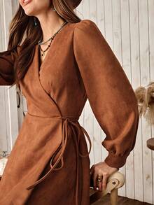 Wildy Đầm ngắn tay dài kiểu dáng boho casual phong cách đồng quê Mỹ cổ điển, buộc dây, thích hợp cho nữ đi làm. - màu nâu - Xem 6