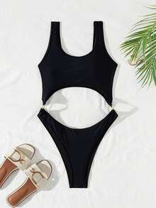 Swim SXY 鏤空環鏈連體泳衣 - 黑色 - 查看 2