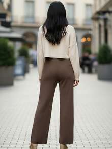 Mujer pantalón casual moderno tejido suave fit holgado cintura elástica pierna ancha primavera-verano uso diario pantalones largos - Marrón claro - Ver 2