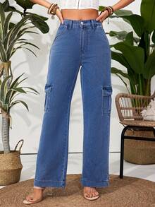 Mezclilla Pantalones cargos rectos gris sólidos, casuales y elegantes para mujer adecuados para uso diario, oficina, citas y vacaciones. - Azul - Ver 4