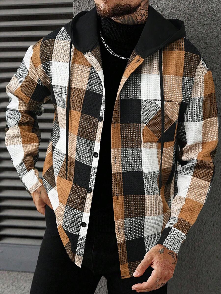 Manfinity Homme 男士休闲格子连帽衬衫外套，秋冬季 - 黃色 - 查看 1