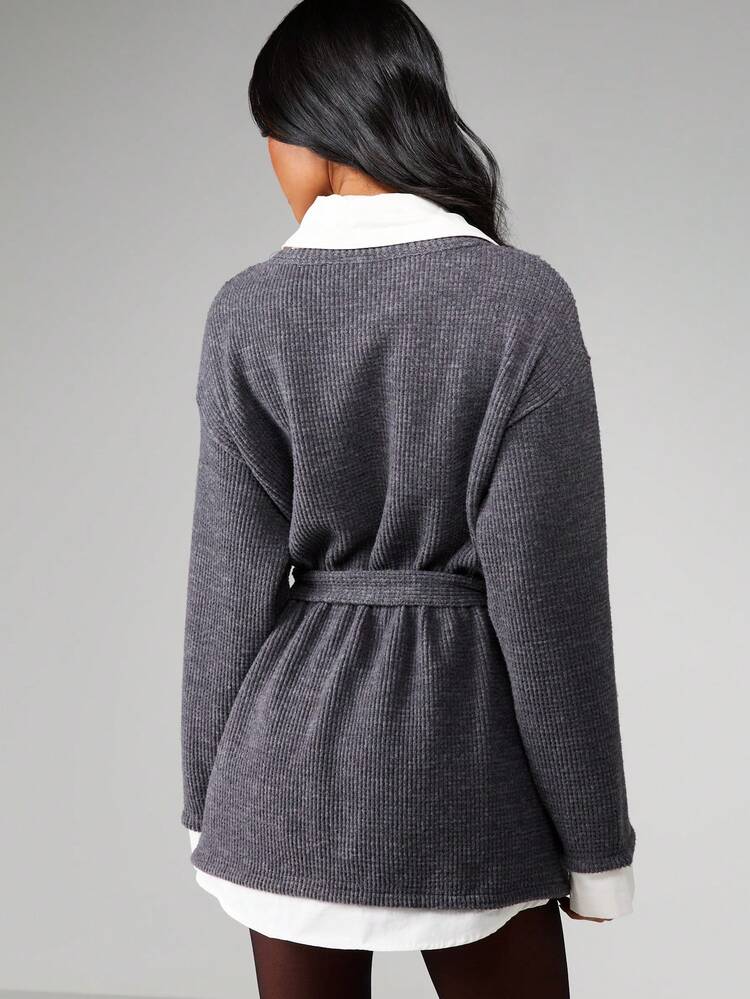 MISSGUIDED 레이어드 칼라 셔츠 디테일 긴소매 벨트 가을 겨울 풀오버 스웨터 드레스가 있는 골지 니트 미니 드레스