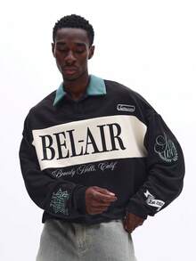 SUMWON Áo thun polo tay dài dáng crop-top thêu họa tiết Bel-Air Beverly Hills California - màu đen - Xem 4