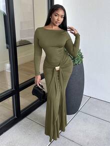 Alexandranx Autumn/Winter New Meraid Women Long Dress - Army Green - View 4