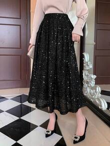 DAZY Damen Pailletten Patchwork einfarbiger eleganter glamouröser Rock für Silvester - Schwarz - Übersicht 1