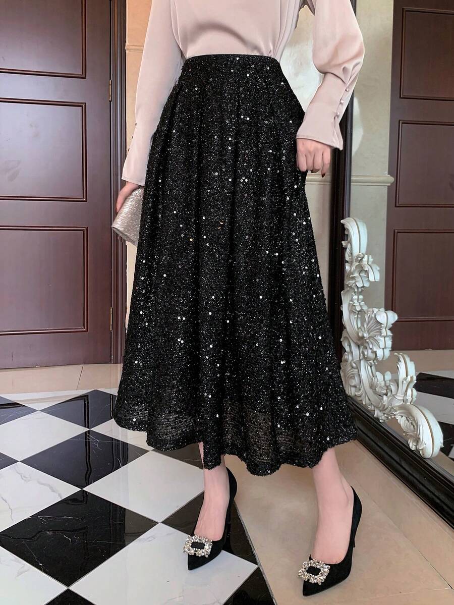 DAZY Damen Pailletten Patchwork einfarbiger eleganter glamouröser Rock für Silvester - Schwarz - Übersicht 1