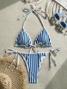 Swim Mod Women's Casual Vacation Beach Striped Halter Bikini 2 Pieces Set