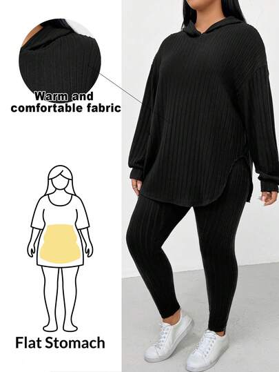 Shapeblank 大码女装秋冬时尚休闲宽松舒适日常百搭显瘦连帽长袖宽松上衣和打底裤黑色两件套，秋季服装，机场穿搭，简约风格，街头服饰