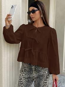 SHEIN EZwear 棕色梭织女式灯笼袖蝴蝶结衬衫 - 棕色 - 查看 3